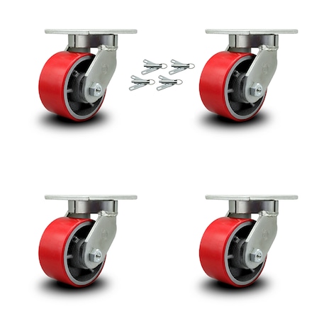 Service Caster 6 Inch Heavy Duty Red Poly on Cast Iron Caster Set with Swivel Locks, 4PK SCC-KP92S630-PUR-RS-BSL-4